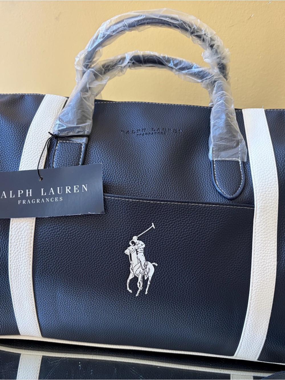 Ralph Lauren navy with white trim faux leather travel weekend duffel bag - Picture 4 of 11